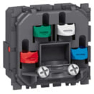 Bagside af Legrand Mosaic kabeludtag med tydelige skruefri tilslutningspunkter til grøn, hvid, rød og blå ledning.