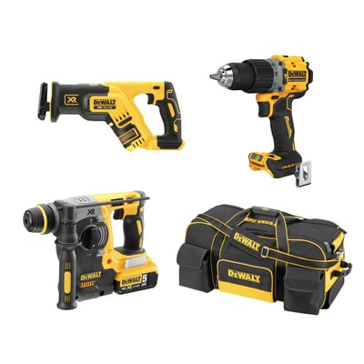 DeWalt 18V XR værktøjssæt med slagboremaskine, bajonetsav, borehammer og værktøjstaske på hjul, alle i gul og sort.