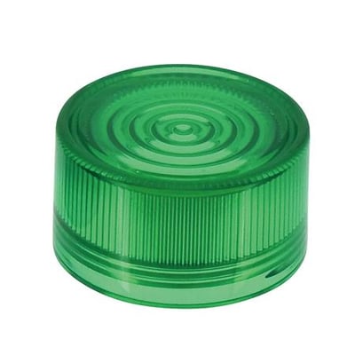Grøn linse i plast til IDEC lamper, vist isoleret på hvid baggrund.