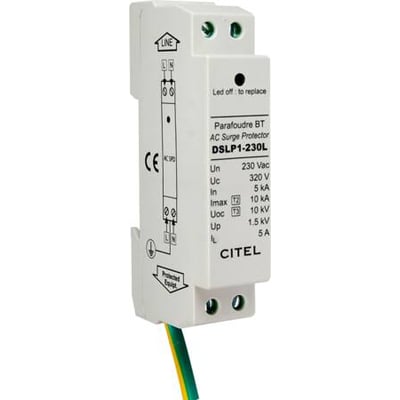 CITEL DSLP1-230L Type 2+3 AC surge protector for LED lighting, mounted on a DIN rail with visible technical specifications and a green/yellow earth wire.
