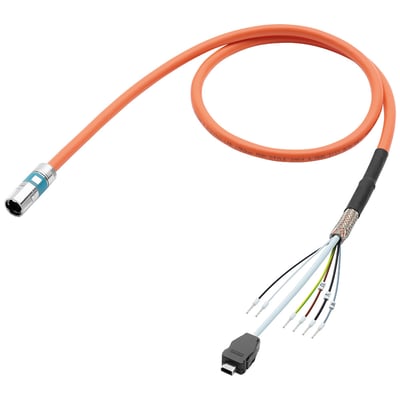 Siemens formonteret kabeltilslutning med orange kabel, M12 Speed-Connect stik og otte ender med ledninger og IX-stik.