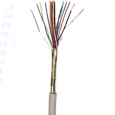 Signalkabel JEY(ST)Y 12X2X0,8, hvor den grå yderkappe er fjernet, og 24 individuelle farvekodede ledere er synlige med skærm og stribede markeringer.