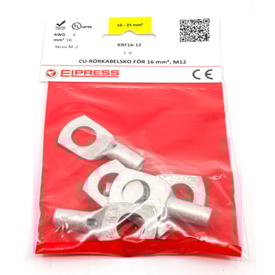 Elpress Cu-rørkabelsko KRF16-12 i pose med 5 stk, mærket til 16mm² og M12 laske.