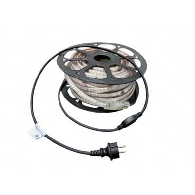 A LED Eco LED bånd, 25 meter lang, på en sort rulle med 230V stik og klar til brug.