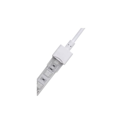 Vandtæt startstik til 10 mm RGB LED strip, viser tæt forbindelse til lysdioder og hvid kabel til 5V-24V installation.