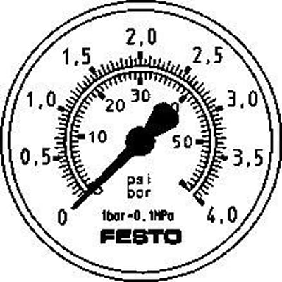 Festo præcisionsmåler MAP-40-1-1/8-EN, en cirkulær trykmåler med tydelige skalaer for psi og bar.