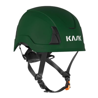 Mørkegrøn Kask PRIMERO AIR sikkerhedshjelm med sort justerbar hagerem og ventilationsåbninger.