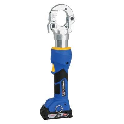 Klauke BAT.HYD hydraulisk presseværktøj med blå og sort krop, der understøtter Bosch 18V batteri og dækker et krympeområde på 6-300mm².