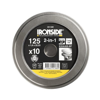 Ironside 2-in-1 skæreskive på 125 x 1,6 mm til stål og rustfrit stål i rund metalæske.