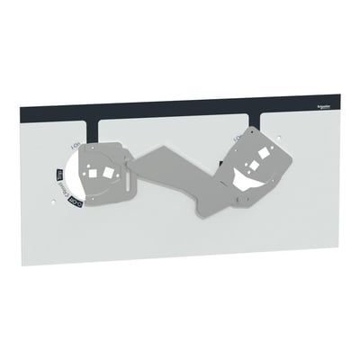 Schneider Electric mekanisk spærring for to ComPacT NSX 400/630 enheder, set fra en let skrå vinkel på hvid baggrund.