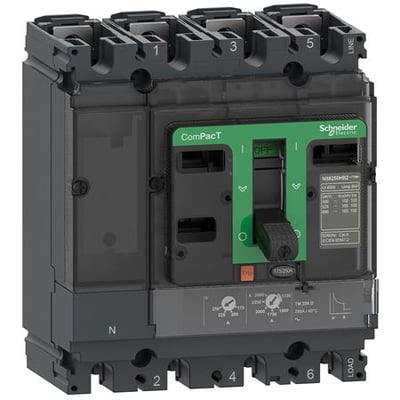 Schneider Electric ComPacT NSX100F 4-polet maksimalafbryder med 50A TMD, grå og grøn, med tydelig 'OFF' indikator og serienummer.