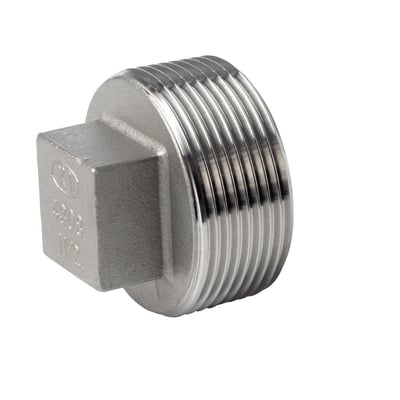 Firkanttop prop i rustfrit stål, 3/4" gevind, velegnet til drikkevand, måler 23mm lang.