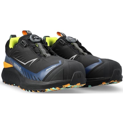 Brynje sikkerhedssko 100203 LAB BOA S3S i sort med blå og gule detaljer, med synligt BOA Fit System og NanoToe beskyttelse.