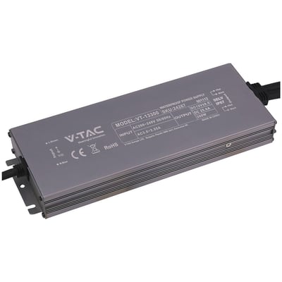 V-TAC 300 W strømforsyning til LED strips med aflangt gråt metalhus og sorte kabler i begge ender.