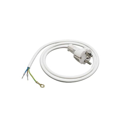 Hvidt Dormakaba-netkabel til ED 100 og ED 250, 230 V, med stikprop og ledningsender med ringterminal.