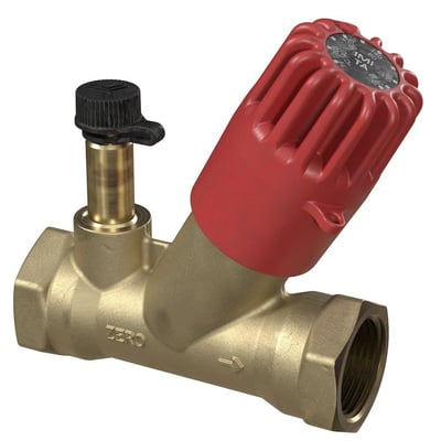 IMI TA-Therm Zero cirkulationsventil i blyfri messing med rød indstillingsknap og 1/2" muffevind. Ventilen har "ZERO" præget på siden.