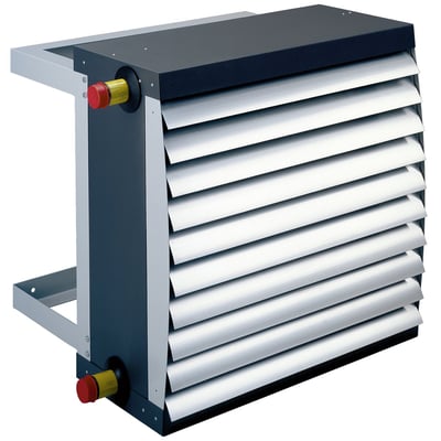 Novenco VMB 53 varmeventilator uden jalousi i grå og sort med horisontale, hvide lameller og monteringsbeslag i metal.