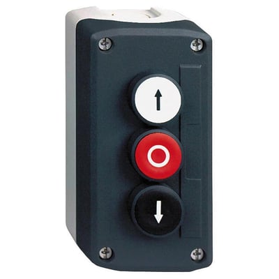 Nærbillede af Schneider Electric XALD324 trykkasse med tydelige trykknapper, der viser mærkningerne pil op, nul og pil ned, samt skruedetaljer.