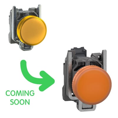 Schneider Electric signallampe med orange trykknap og metallisk monteringsdetalje, samt en grøn pil og 'Coming Soon' tekst.