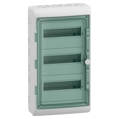 En enkelt Schneider Electric Kaedra kapsling 3R 36M IP65 stående isoleret på hvid baggrund, med grønne transparente døre.