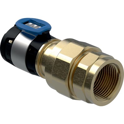 Geberit FlowFit union i messing, 40mm x 1 1/2" mf, med detaljeret visning af den blålige låsering og gevind.