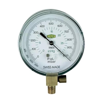 Refco 19800-SV vakuummanometer med rund, hvid måleskive, viser og gevindtilslutning nederst.