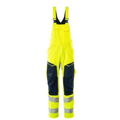 Mascot hi-vis gul/marine overall model 19569 fremstillet af polyester og bomuld med reflekser og CORDURA knælommer.