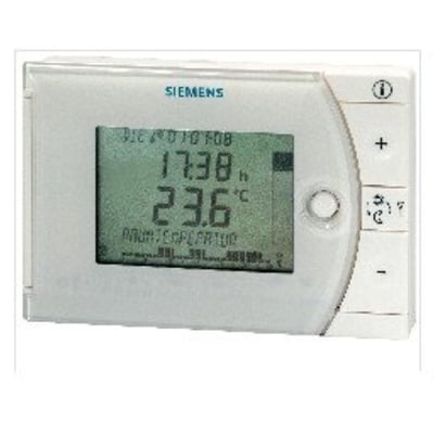 Siemens REV24 rumtermostat med 2-punkts regulering og 7-dages ur. Den viser tid 17:38 og rumtemperatur 23.6°C på en grønlig LCD-skærm.