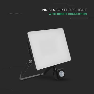 V-TAC LED projektør med indbygget PIR-sensor og direkte tilslutningsmulighed, vist på mørk baggrund.