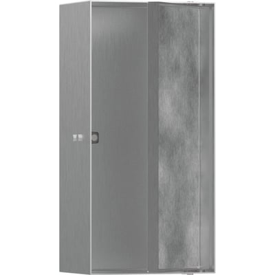 Hansgrohe vægniche 300x150x100 mm i børstet rustfrit stål med flisebar push-open låge, ideel til vådzoner.