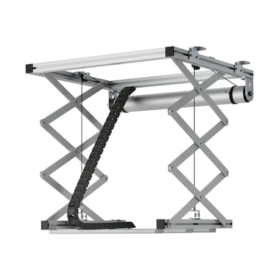 Vogels PPL 2100 projektor lift system med projektor monteret, viser liften og et indbygget loftspanel.