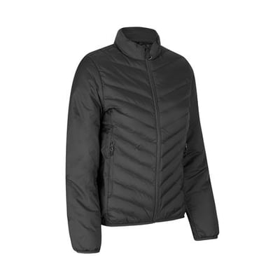 ID Identity vatteret stretch jakke til damer i sort, str. XL, med diagonale kanaler og lynlåslommer på hvid baggrund.