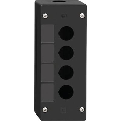 Detaljebillede af Schneider Electric trykknapkasse i sort, der viser de fire huller til knapper på højre side og skruehovederne.