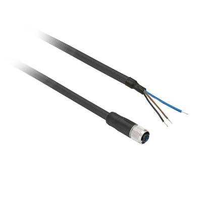 Schneider Electric sensorkabel XZCP med 3 poler, M8 hunstik og 2 meter sort PUR-kabel, hvor enden er afisolaret.