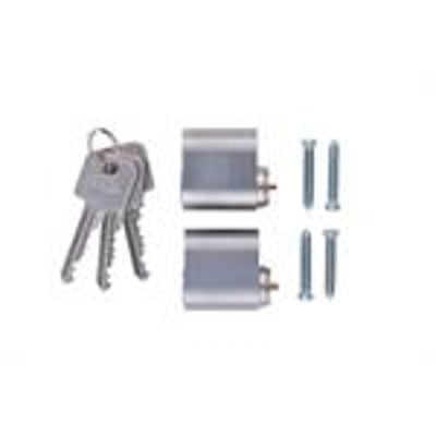 Abus GDS oval sampak med to cylindere, tre nøgler og to monteringsskruer på hvid baggrund.