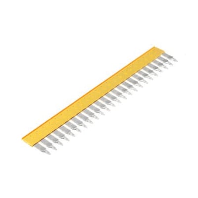 Weidmüller Laske ZQV 6/24 GE, en gul, isoleret klemrække med 24 poler og metalterminaler, set fra siden.