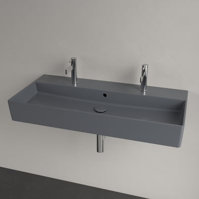 Vægmonteret Villeroy & Boch Memento 2.0 håndvask, 100 cm bred, grå porcelæn med krom armaturer.