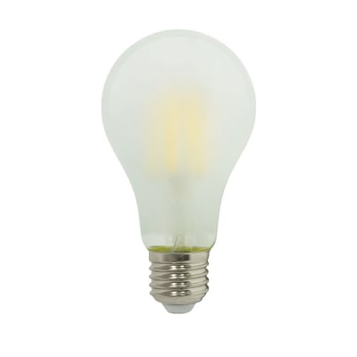 V-TAC 6W A60 LED-pære med E27-fatning, matteret glas og kultrådsdesign, 2700K varm hvid, 660 lumen.