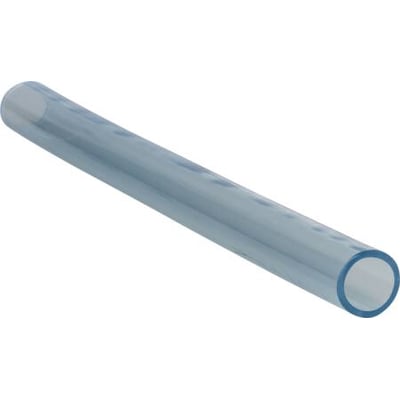 Transparent PVC-slange til kondenspumpe, 10 x 14 mm og 50 meter, vist skråt med den åbne ende synlig.