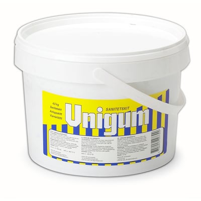 Unipak Unigum sanitetskit, 4,5 kg, vist fra en vinkel, der fremhæver den gule og blå stribede etikette.