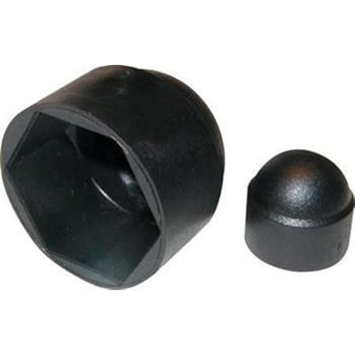 To sorte møtrikbeskyttere i plast, den ene åben og hexagonal med en nøglevidde på 17mm, den anden lukket og kuppelformet til M10 møtrikker.