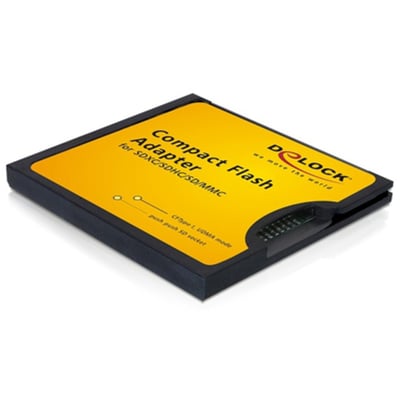 DeLOCK-adapter til SD-, SDHC-, SDXC- og MMC-kort i CF Type II-slot, vist skråt med gul overside og kontakt i enden.