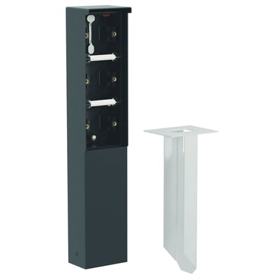 Niko Hydro stikkontaktsøjle i sort rustfrit stål med et åbent kabinet, vist med tilbehørsspyd til nedgravning.