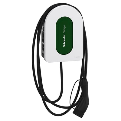 Schneider Charge ladestander, set fra siden med et langt sort kabel med T2 stik, hvid og grøn finish.