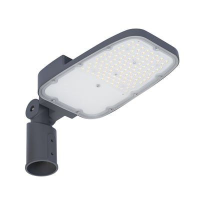Gråt LEDVANCE Streetlight Area M vejarmatur på mastetop, set skråt nedefra med den indbyggede LED-flade synlig.
