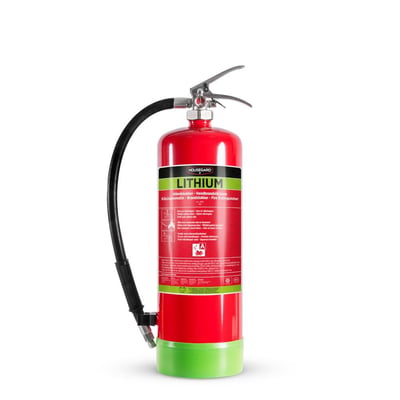 Housegard AVD LITHEX-6 brandslukker på 6 liter med 13A-effektivitetsklasse, rød beholder, grøn bund og sort slange.