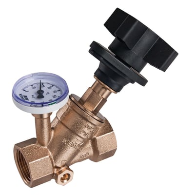 Kemper Multi-Fix-Plus cirkulationsventil i rødgods med indvendigt gevind og integreret termometer på hvid baggrund.
