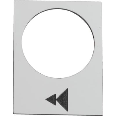 Schneider Electric symbolskilt til hængetryk med symbol for 'tilbage' og '2 hastigheder', hvidt plast med sorte markeringer.