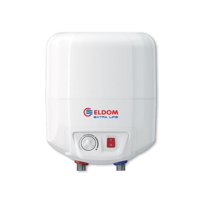 Eldom 7 liters elektrisk varmtvandsbeholder til ophængning, hvid med rør ned og kontrolpanel med drejeknap og afbryder.