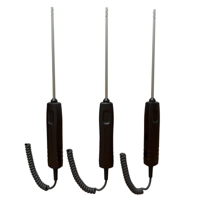 Tre Kimo SAP150 lufttemperaturprober med PT100 sensor og spiralkabel, klar til brug med Kimo TR61/110.